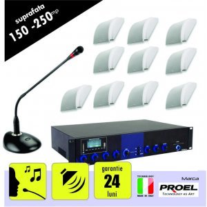 Sistem sonorizare ambientala si anunturi pentru spatii intre 150 si 250 mp,  cu incinte audio montaj aplicat