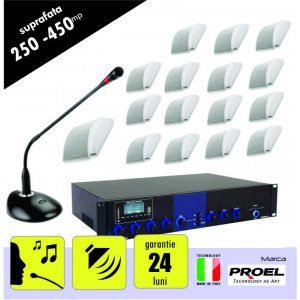 Sistem sonorizare ambientala si anunturi pentru spatii intre 250 si 450 mp, cu incinte audio cu montaj aplicat
