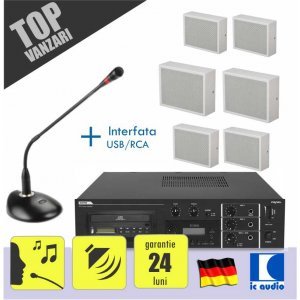 Mini sistem sonorizare ambientala si anunturi cu incinte audio de perete si muzica din PC