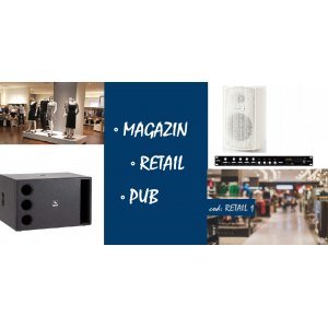 Sistem de sonorizare pentru retail / spatiu comercial / pub, cu boxe de perete si subwoofer