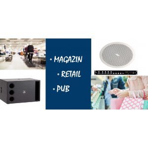 Sistem de sonorizare pentru retail / spatiu comercial / pub, cu boxe de tavan si subwoofer